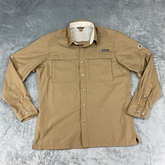 Eddie Bauer Shirt Mens Sz M Tan Vented‎ Fishing Sport Shop Button L/S Roll Tab - Picture 1 of 13